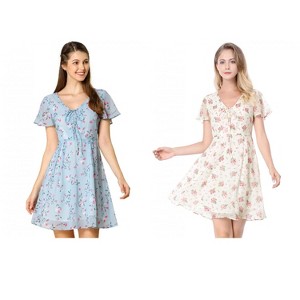 Allegra K Women's Floral Printed Flare Short Sleeve Lace-up V Neck A-Line Chiffon Dress 2 Packs - 1 of 4