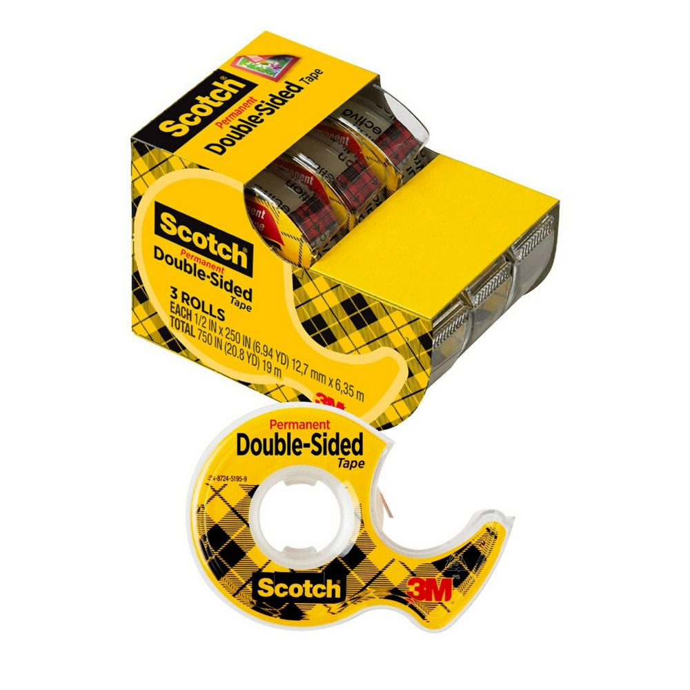 Photos - Accessory Scotch Double Sided Tape, Office and School Supplies, 0.5 in. x 250 in., 3 Tape Rolls With Tape Dispenser: Clear Plastic, Do