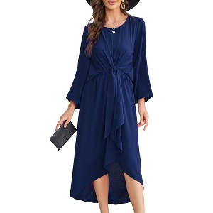 Womens Knot Waist Round Neck Long Sleeve Midi Dress Vintage Semi Formal Dresses for Wedding Guest Cocktail - 1 of 4