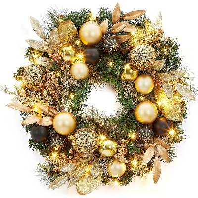 Pre-lit Christmas Wreath for Front Door, 22" Large Lighted Christmas Gnome Wreath, Winter Wreath with  Xmas Balls
