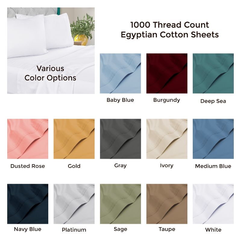 Luxury Cotton 1000 Thread Count Solid Extra Deep Pocket 4 Piece Bed Sheet Set by Blue Nile Mills, 5 of 6