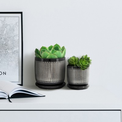 Okak Set of 2 Ceramic Planters with Polka Dot Design 5/6 Inch, White and Black for Indoor and Outdoor Use