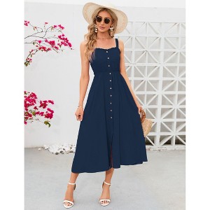 Clearlove Women's Casual Summer Midi Dress Spaghetti Strap Button Down Sleeveless A-Line Beach Swing Sundress - 1 of 4