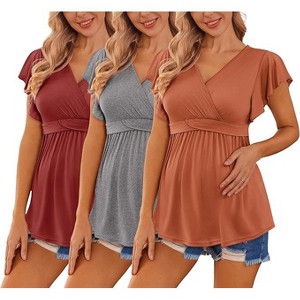 Ekouaer Maternity Shirts 3 Packs Flying Short Sleeve Nursing Tops Pregnancy Clothes Caramel+grey+wine Red L - 1 of 4