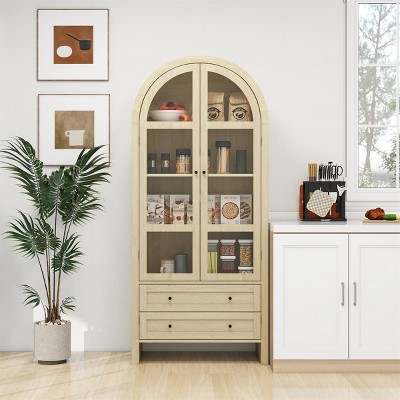 70" Tall Arched Kitchen Pantry - Modern Farmhouse Wood Storage Cabinet with Adjustable Shelves for Kitchen, Dining Room, Living Room-Tanpinhause