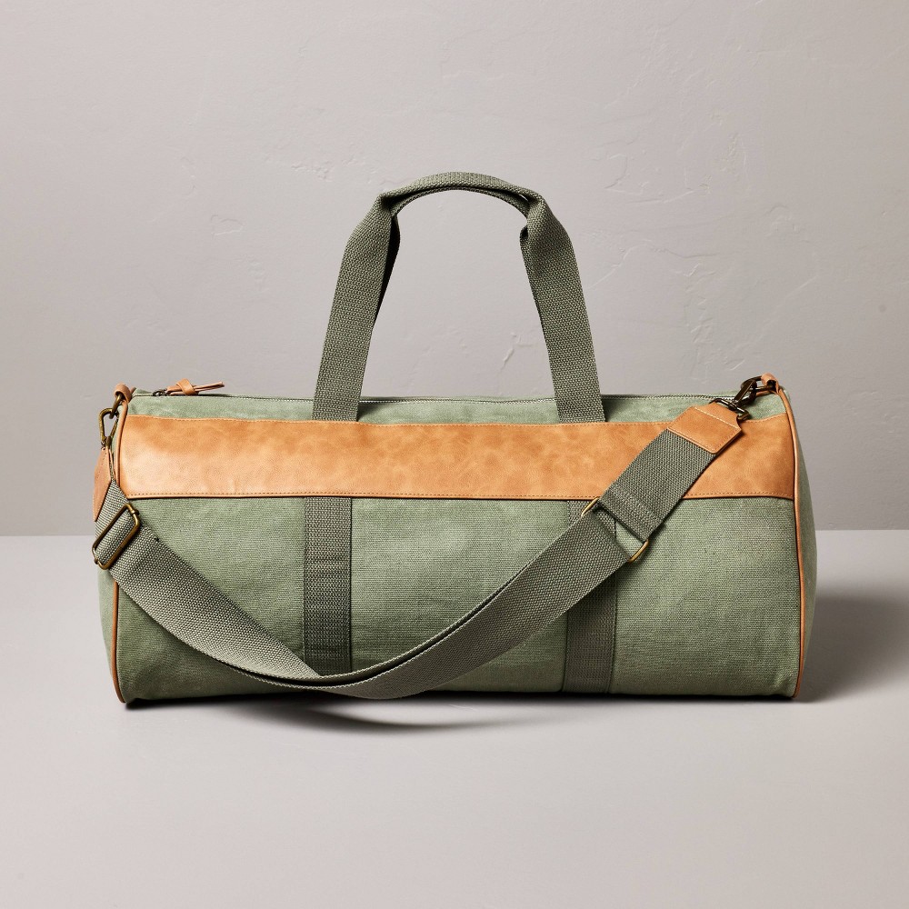 Photos - Travel Accessory Waxed Canvas + Faux Leather Duffel Bag Green/Tan - Hearth & Hand™ with Mag