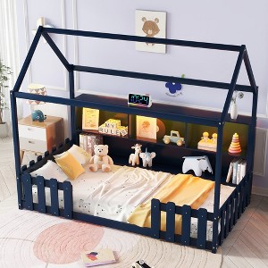 SeaCamel All-in-One Twin House Bed: Complete with LED Light, Bookshelf Storage & Safety Guardrails in Natural Wood - 1 of 4