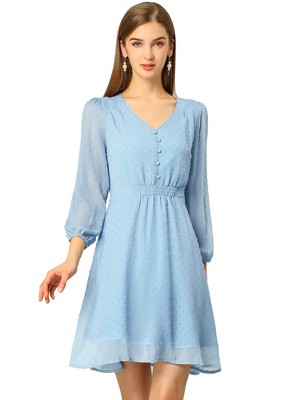Allegra K Women's Swiss Dots Elastic Waist 3/4 Sleeve A-line Solid Flowy Chiffon Dress