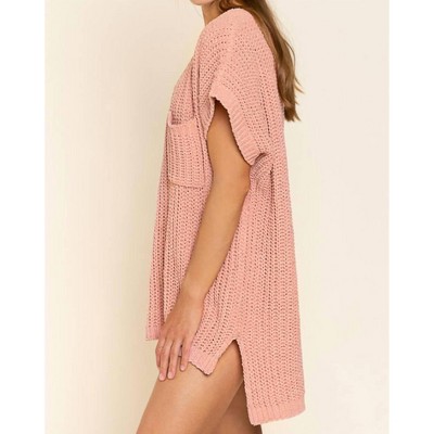 Women's High-low Short Sleeve Chenille Sweater - POL