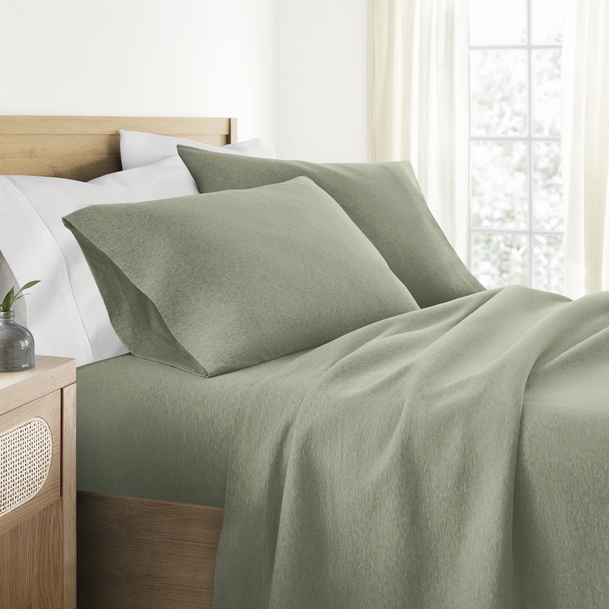 100% Cotton Jersey Sheets Set - Soft, Breathable, Deep Pockets, Easy Care - 4 Pieces - Becky Cameron, Sage, King