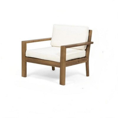 1 Piece Outdoor Club Chair with Cream Water-Resistant Cushions, Acacia Wood Patio Club Chair with Wire Brushed Finish for Garden or Deck-Coolbibila