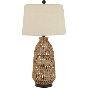 360 Lighting San Carlos Modern Coastal Table Lamp 29" Tall Natural Rattan Wicker Oatmeal Fabric Drum Shade for Bedroom Living Room Bedside Nightstand - 1 of 4