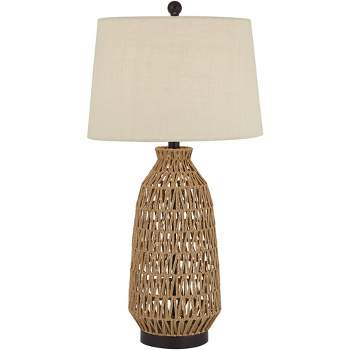 360 Lighting San Carlos Modern Coastal Table Lamp 29" Tall Natural Rattan Wicker Oatmeal Fabric Drum Shade for Bedroom Living Room Bedside Nightstand