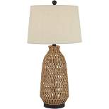 360 Lighting Coastal Modern Table Lamp 29" Tall Natural Rattan Wicker Oatmeal Fabric Drum Shade for Bedroom Living Room House Home Bedside Nightstand
