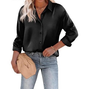 Zeagoo Women's Blouse Satin Silk Shirts Button Down Shirts Casual Loose Long Sleeve Office Work Tunic Tops - 1 of 4