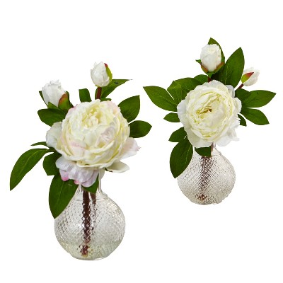 Nearly Natural 11-in Peony with Vase (Set of 2)