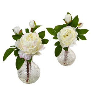 Nearly Natural 11-in Peony with Vase (Set of 2) - 1 of 3