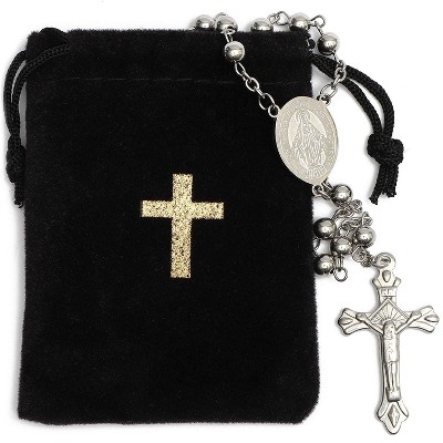 Juvale Rosary Beads Catholic Stainless Steel Necklace Virgin Mary Pendant & Crucifix with Black Velvet Pouch