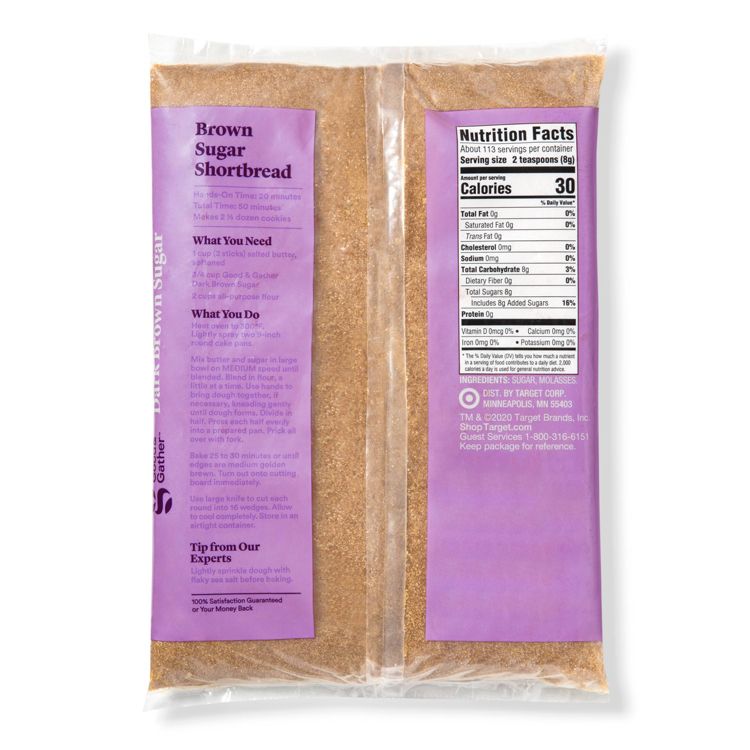 Clear plastic bag filled with brown sugar, featuring a purple label with a brown sugar shortbread recipe and nutrition facts.