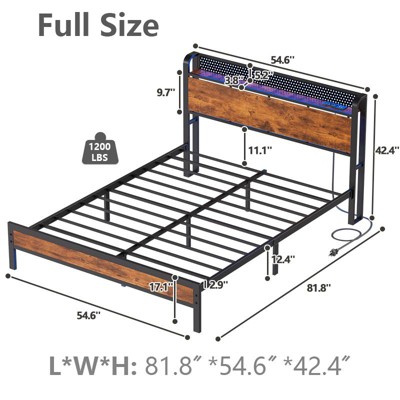 Furnulem Bed Frame with LED Lights,Headboard with Charging Station and USB Port,Upholstered Platform Bed frame Metal Support,No Box Spring Needed