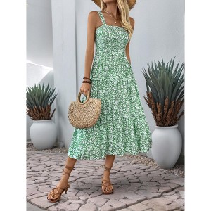 Summer Floral Print Sleeveless Maxi Dress with Zipper Pocket and English Warning Bag - Sweet and Fresh Country Style - 1 of 4