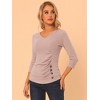 INSPIRE CHIC Women's V Neck 3/4 Sleeves Solid Knitted Buttons Decor Ruched Blouse - 3 of 4