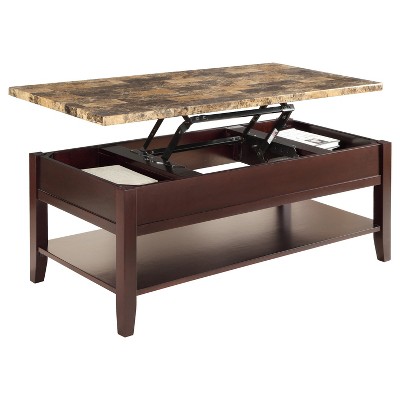 Vynxaria Contemporary Lift Top Cocktail Table Faux Marble Top, Storage Shelf, Dark Cherry Finish (Faux Marble/Birch Veneer/Wood)