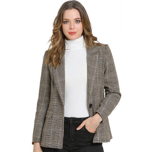 Allegra K Women's Notched Lapel Long Sleeve One Button Houndstooth Plaid  Blazer Brown X-small : Target