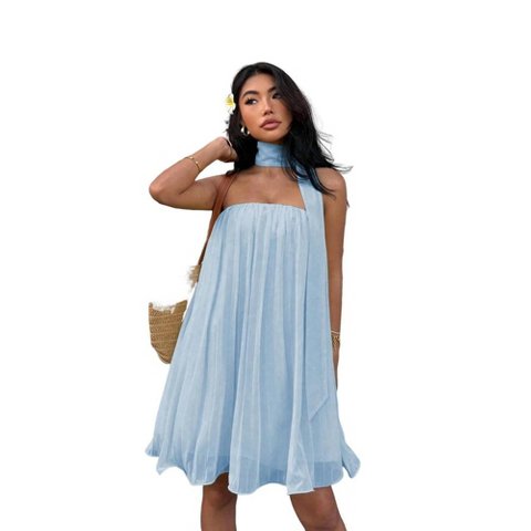 Женские платья EadianDree Solid Color Pleated Hem Mini A-Line Dress Sleeveless Backless Women's Fashion Basic Dresses,blue,Medium