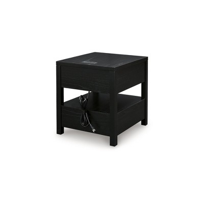 Black Rectangular Wood End Table with Storage and USB Ports
