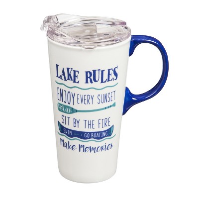 Evergreen Ceramic Travel Cup, 17 OZ. ,w/box and Tritan Lid, Lake Rules