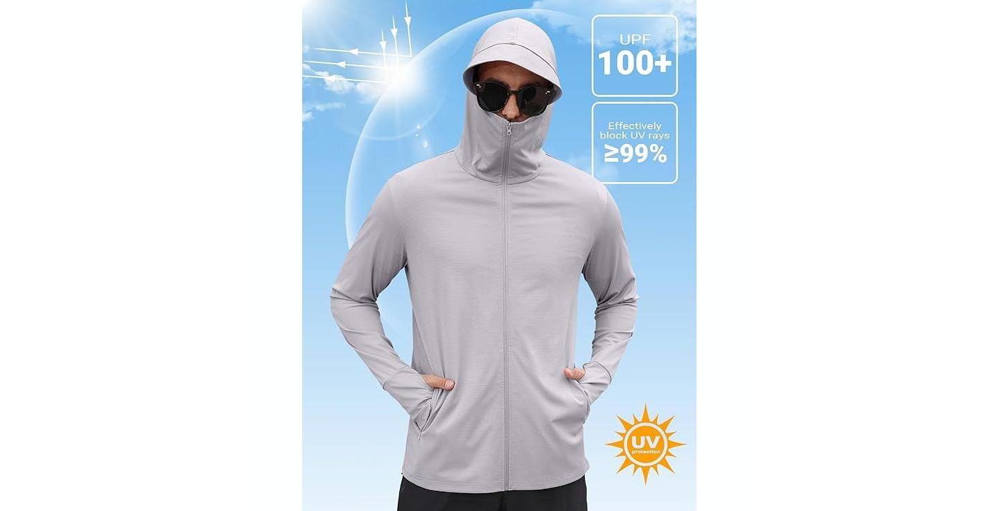 Мужские худи COOFANDY Men UV Jacket Sun Protection for Men Zip Up Lightweight Sun Long Sleeve Sun Shirt Running Fishing Hiking Light Grey, цвет: Светлый серый — фото 2