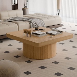 CAVINAS 34.6" Wooden Coffee Table,Square Table with Parquet Veneer Top,3.1" Thickened Tabletop,Cylindrical Base,Center Table for Living Room - 1 of 4