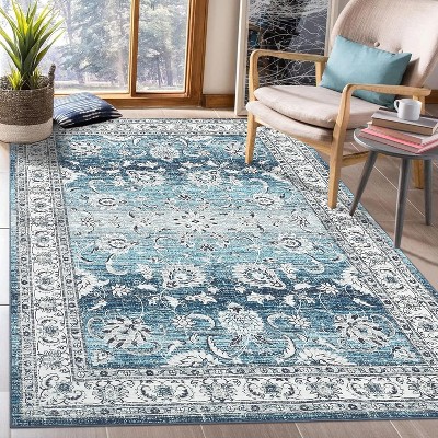 Vintage Floral Washable Runner Rug - Non-Slip Stain Resistant Kitchen & Bathroom Rug for Entrance, Laundry, Hallway, Bedroom