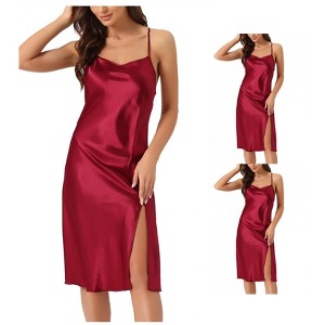 INSPIRE CHIC Womens 2 Pack Satin Nightdress Slit Nightgown Sleeveless Backless Silky Midi Sleepwear - 1 of 4