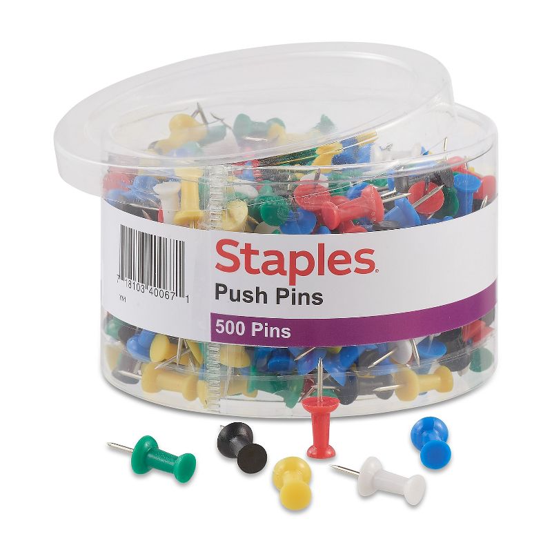 Staples Push Pins Assorted Colors 500/Tub 480118, 1 of 4