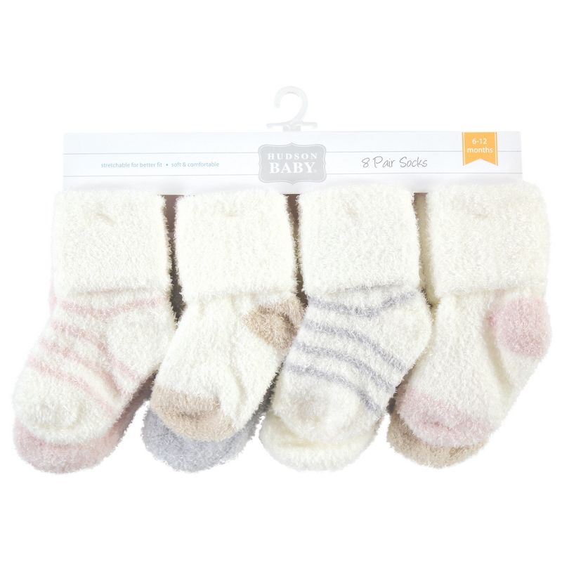 Hudson Baby Infant Girl Cozy Chenille Newborn and Terry Socks, Pink Neutral Stripe, 2 of 7