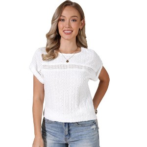 INSPIRE CHIC Women's Eyelet Short Sleeve Round Neck Hollow Out Summer Dressy Casual Blouses - 1 of 4