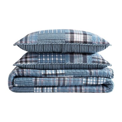 Hawthorne Blue Cotton Twin Reversible Quilt Set