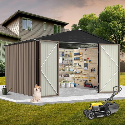 7.84x7.84 Ft Outdoor Storage Shed, Large Steel Multipurpose Yard Shed, Metal Outdoor Tool Shed with Sloped Roof and Door Lock Design for Yard, Garden