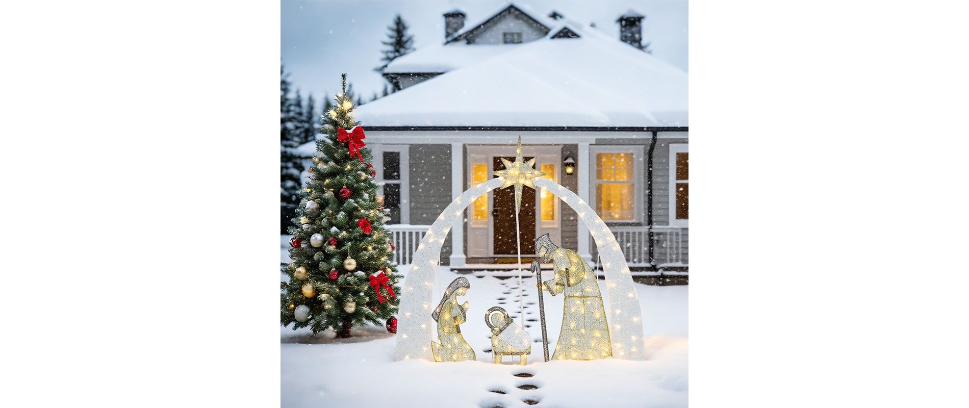 Wovenbyrd Holiday Time Set of 4 Light-Up Neutral-Colored Nativity Scene Family Christmas Decoration,