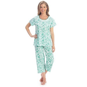 Collections Etc Comfy Floral Print Lace Detailed 2-Piece Capri Pajama Set - 1 of 4
