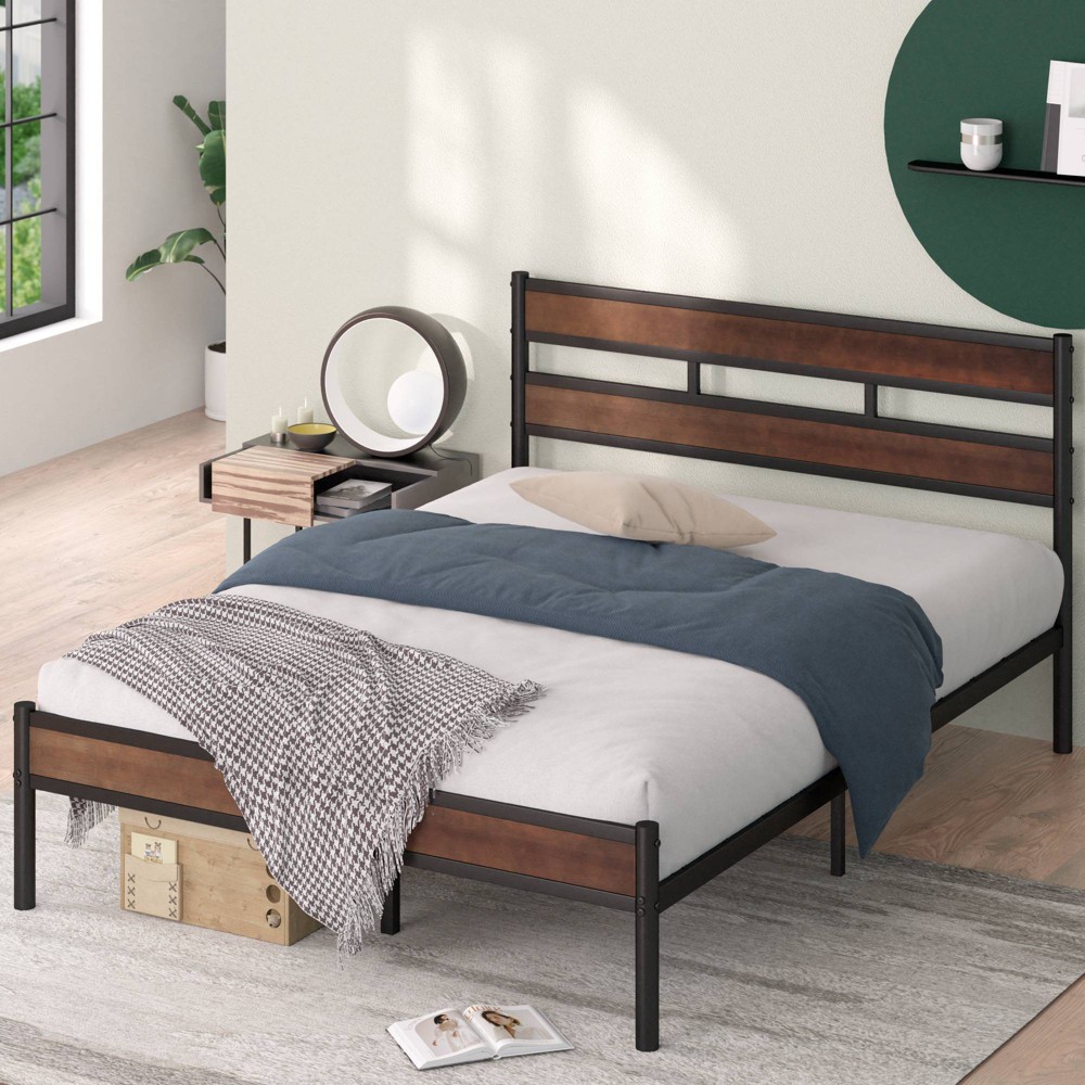 King Roman Bamboo and Metal Platform Bed Frame Brown - Zinus