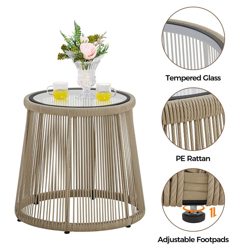 Yaheetech 3-Piece Outdoor Metal Frame Wicker Bistro Set w/ 2 Chairs and Tempered Glass Top Side Table, Tan, 5 of 9