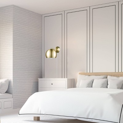 Matte Brass Plug-In Wall Sconce with Round Shade