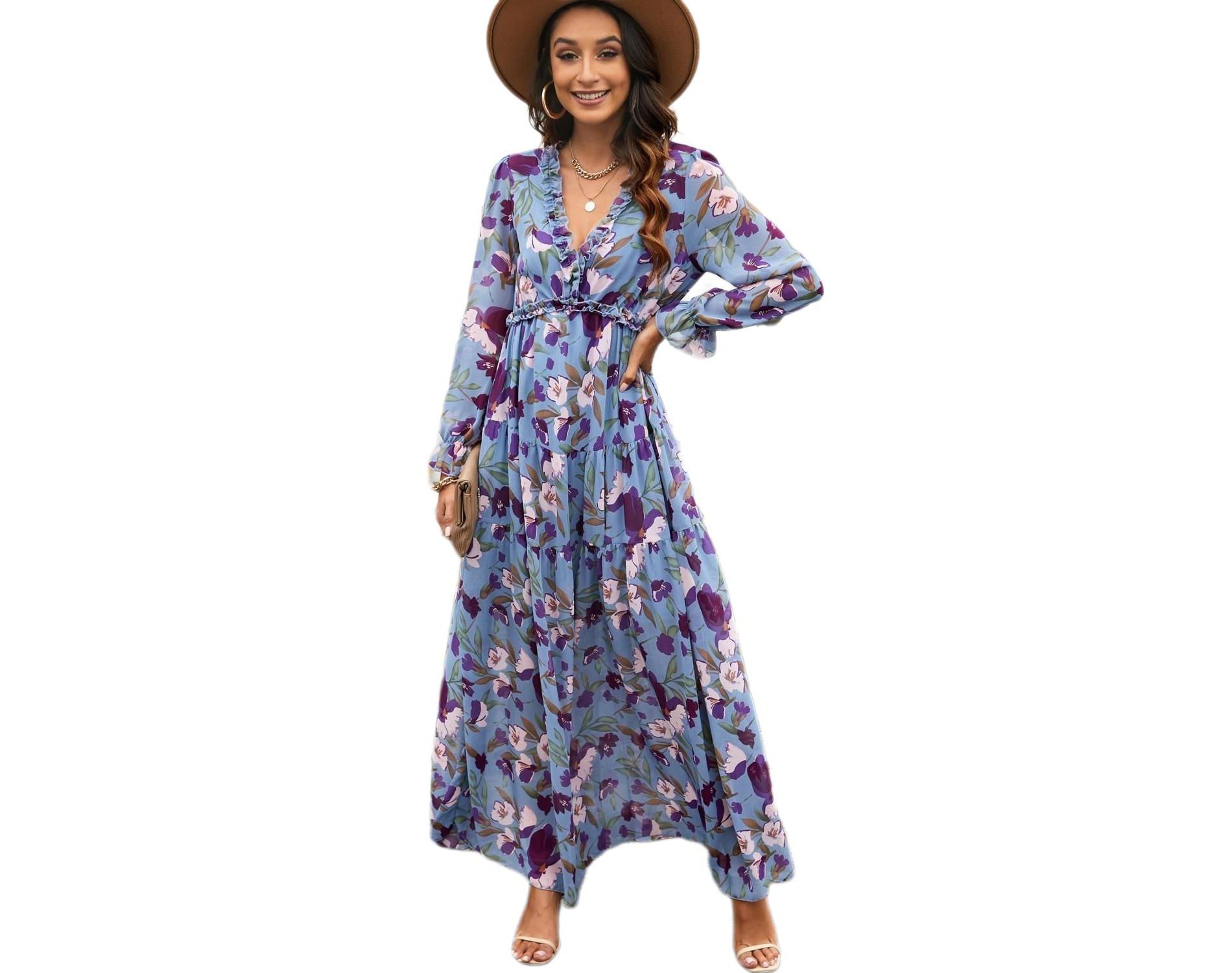 Garvee Womens Boho Floral Maxi Dresses Fall Long Sleeve V Neck Flowy Elegant Wedding Guest Vacation Outfits