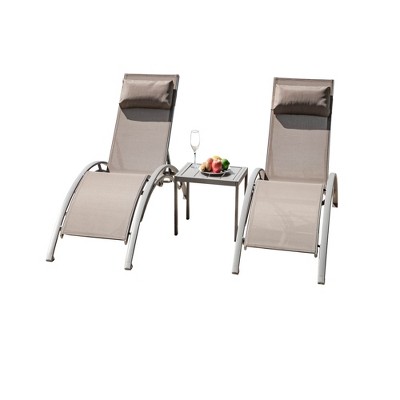 Gulches Set of 3, Adjustable Aluminum Outdoor Chaise Lounge Chairs with Metal Side Table(Khaiki, 2 Lounge Chair+1 Table)