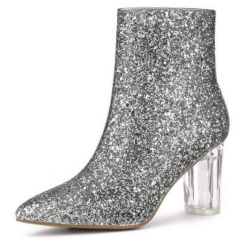 Allegra K Women's Clear Block Heel Glitter Ankle Boots