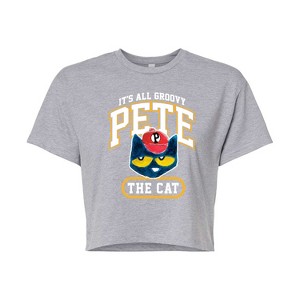 Women's - Pete the Cat - It's All Groovy Collegiate Cropped Graphic T-Shirt - 1 of 4