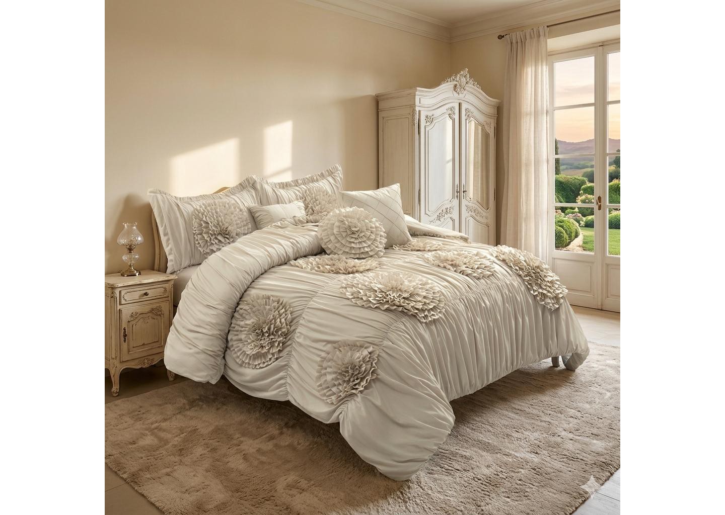Постельное бельё HIG French Country Handmade Ruffle Floral Bed in a Bag, 7-Piece Camel Queen Size Comforter Set with Ruffled Shams, Bedskirt & Accent Pillows, цвет: С принтом — фото 1